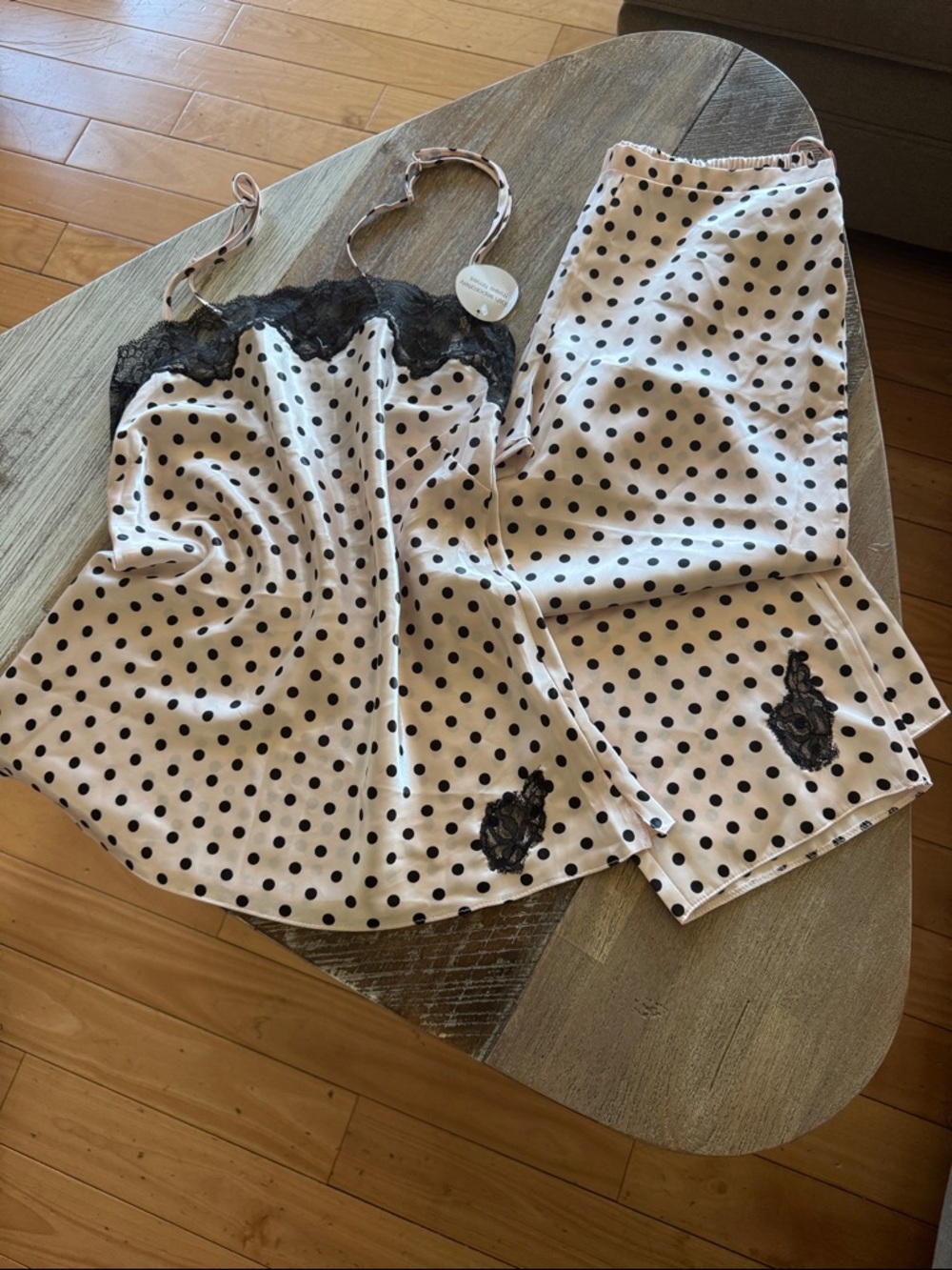 Polka Dot Satin Chemise & Shorts Set with Black Lace Trim - White/Black